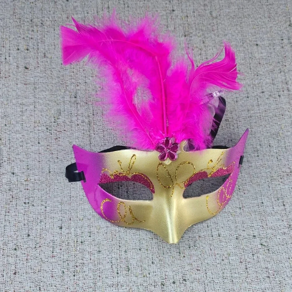 Party Mask Light Up Deep Pink Fuax Feather Masquerade Pink/Gold Face Mask New